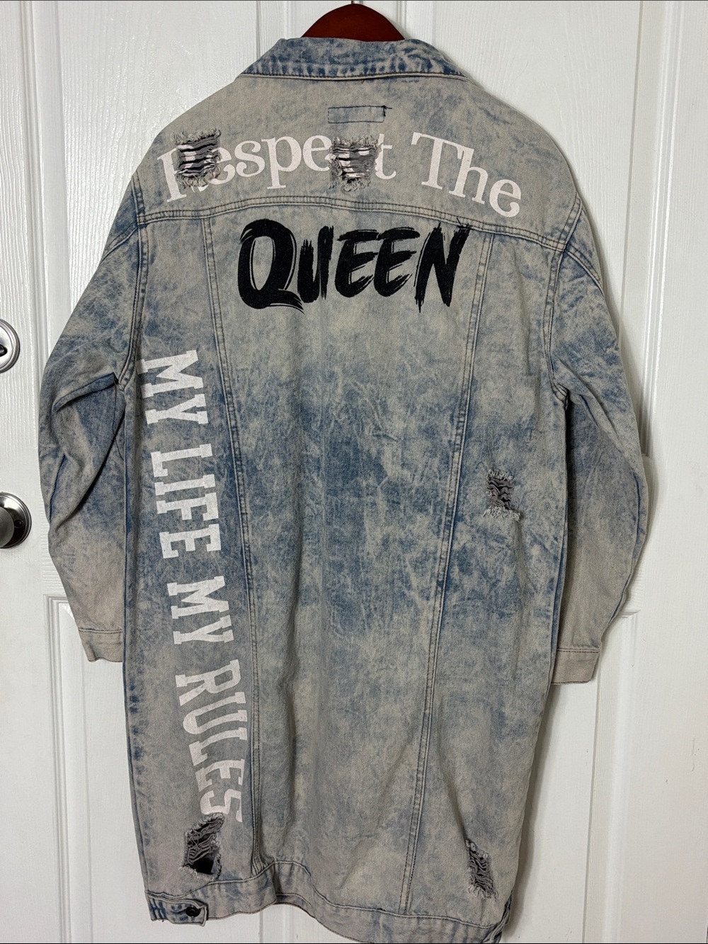 Thrill Light Blue Distressed Duster Denim jacket Respect the queen size Large